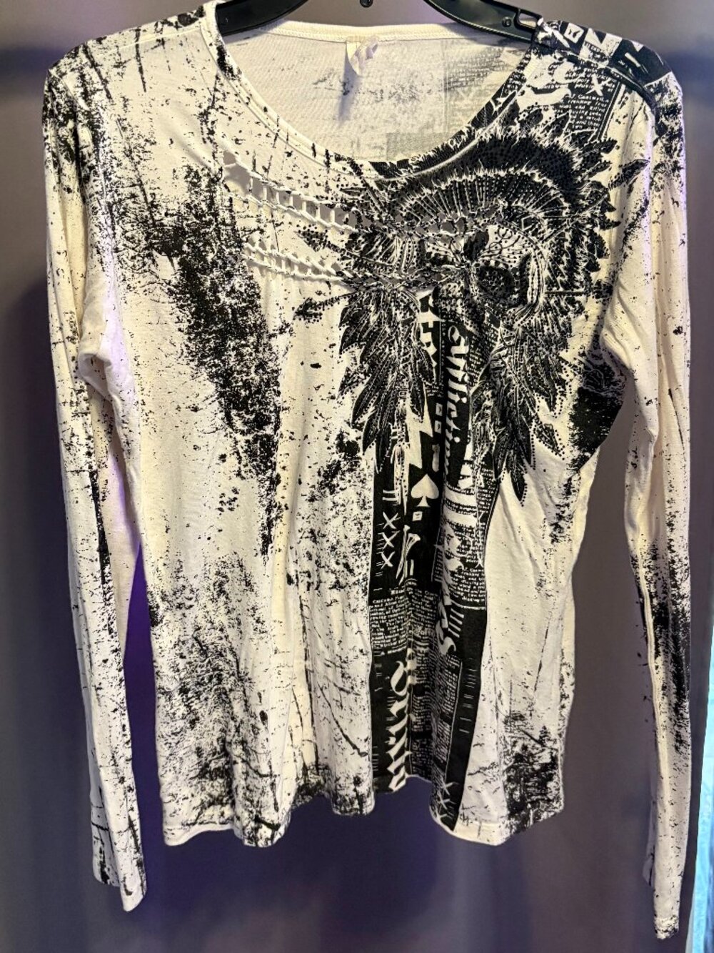 Vintage Affliction Long Sleeve Top Medium Skull Headdress Rhinestone Braided Cut
